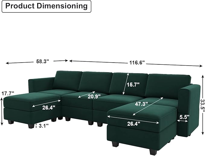 Belffin Modular Sectional Sofa Oversized U Shaped Sectional Couch with Reversible Chaise Velvet Modular U Shape Sofa with Storage Seat Green