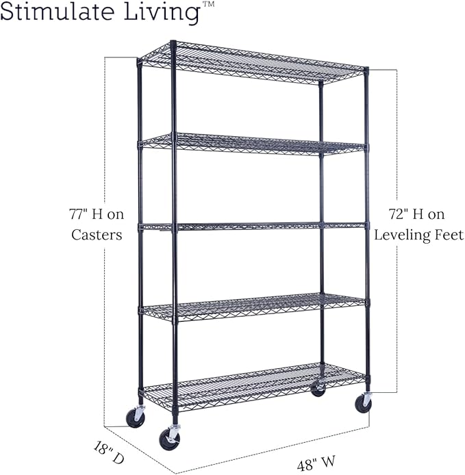 48"x18"x72" PRIME HEAVY DUTY Black 5-Tier Wire Shelving NSF 4000 LBS MAX Capacity Storage Rack for Commercial, School, Home, Garage, Warehouse, Industrial, and Hospital Uses (with Wheels)