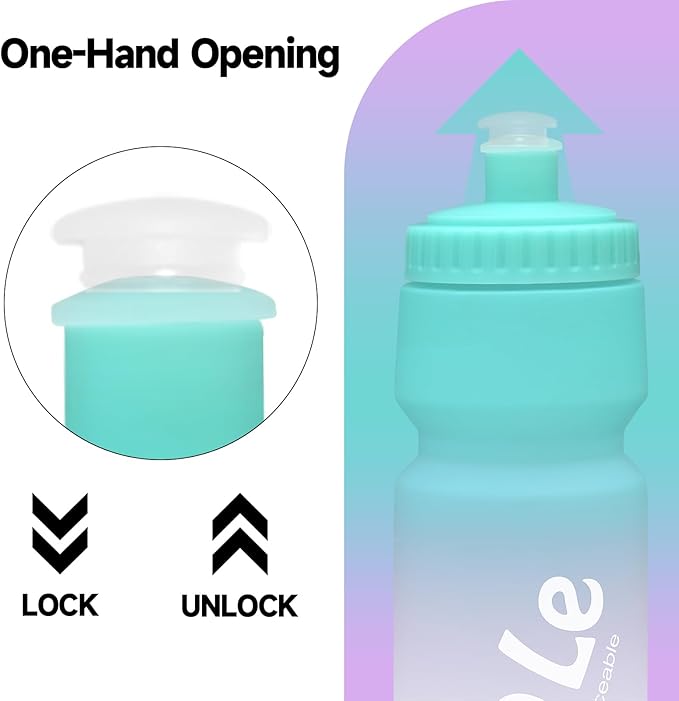 Bike Squeeze Water Bottle w/Pull Top Lid, Leakproof, BPA Free, Easy Squeeze Reusable Water Bottles for Fitness, Cycling, Running, Hiking, School, Fresh Color 24 Oz (1 Pack)