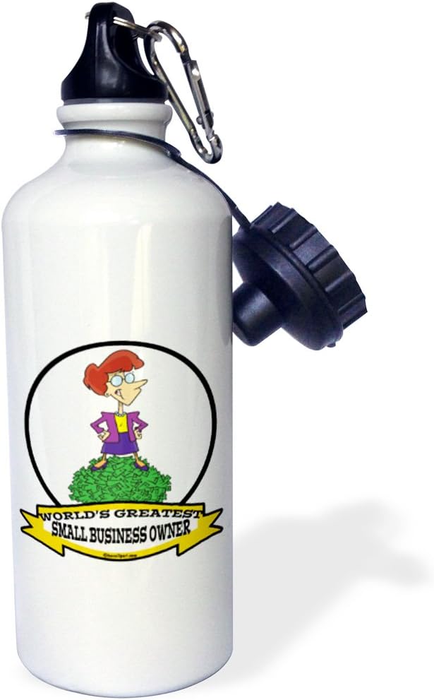 3dRose "Funny Worlds Greatest Small Business Owner Woman Cartoon" Sports Water Bottle, 21 oz, White