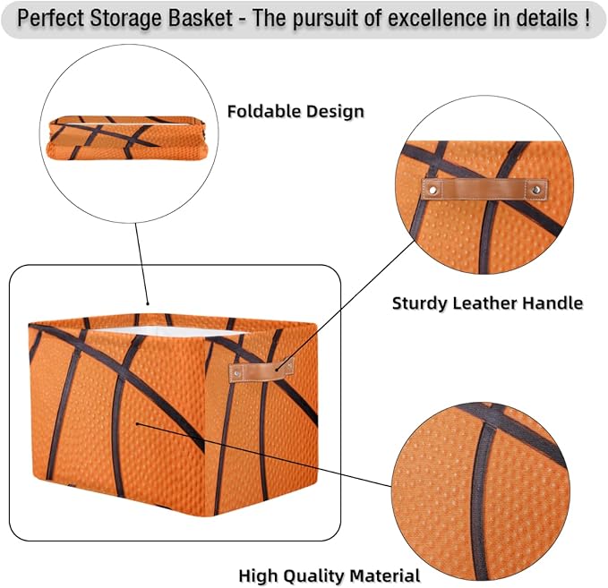 Basketball Print Storage Basket Collapsible Rectangular Storage Bin Large Fabric Storage Boxes Organizer 1Pc with Leather Handles for Clothes Toys Books Kitchen Laundry