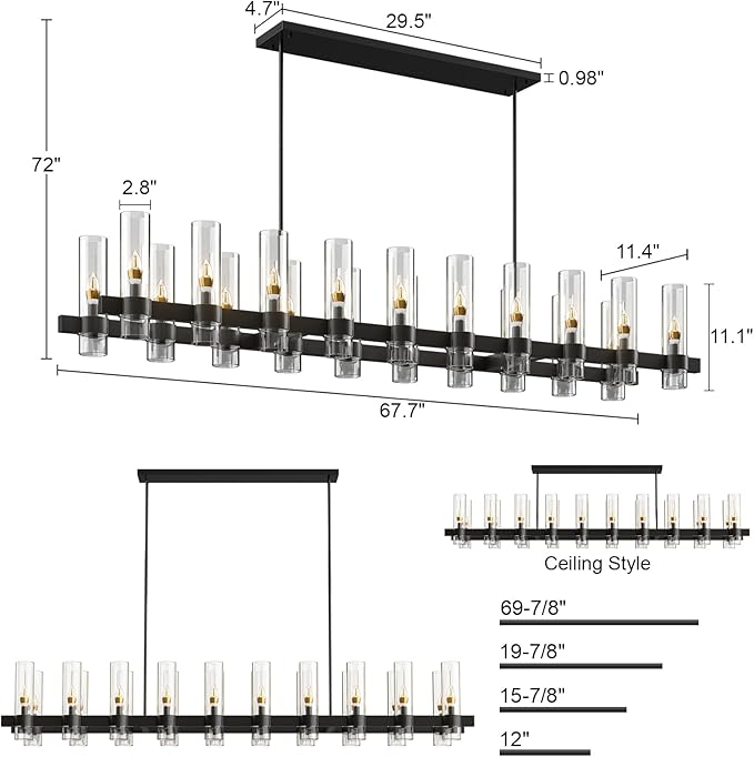Black Kitchen Island Lighting-20-Light Linear Chandelier, Adjustable 67.7'' Modern Farmhouse Rectangle Pendant Light Fixtures, Dining Room, Bedroom