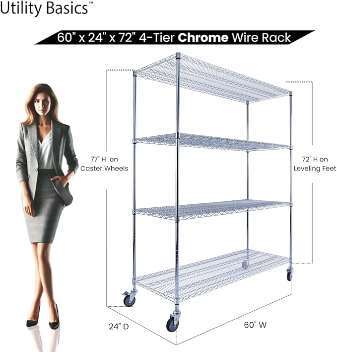 60"x24"x72" PREMIUM METAL STEEL 4-Tier Wire Shelving NSF 3200 LBS MAX Capacity Heavy Duty Storage Rack for Hospitals, Schools, Commercial Spaces, and Garages w/PREMIUM Wheels