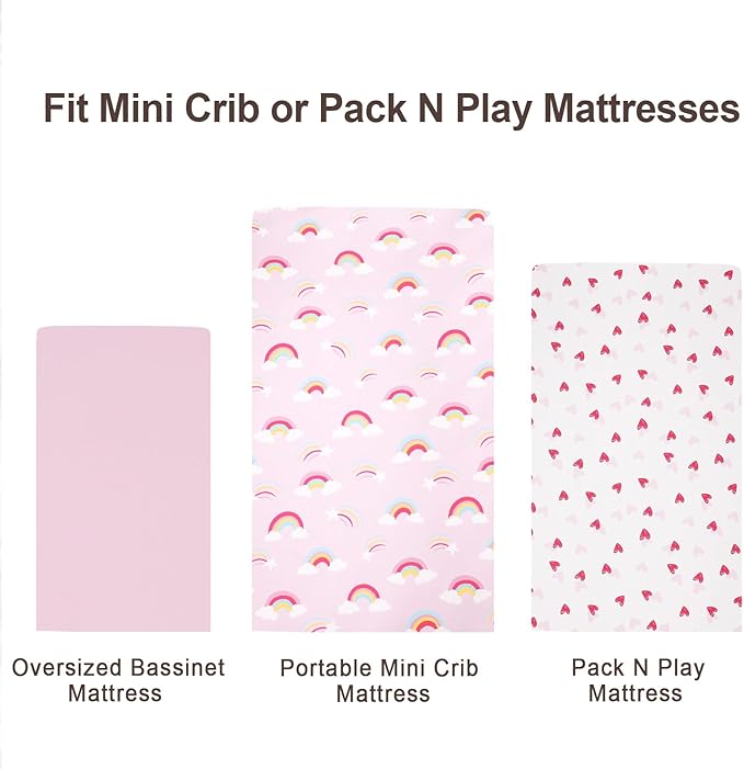 3 Pack Mini Crib Sheets, Premium Pack N Play Sheets for Boys Girls Neutral, Soft Breathable Baby Sheets Fit Pack N Play, Playard and Mini Crib Mattresses, Rainbow