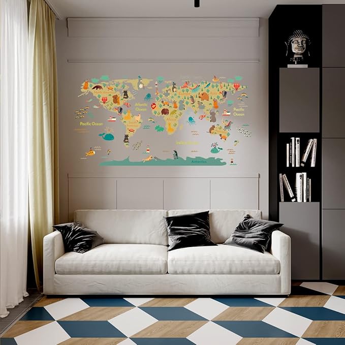 Animal World Map Wall Stickers Cartoon Lion Bear Travel Wall Decals Peel and Stick Removable Wall Stickers Baby Kids Bedroom Nursery Toddler Room Living Room Wall Sticker Decor