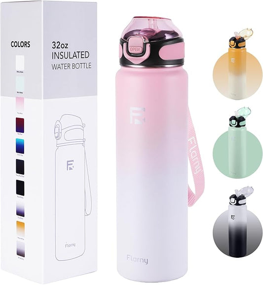 32 oz Insulated Water Bottle with Straw, Stainless Steel Metal Thermos Bottles, Durable Non-Slip Gradient Bottle with Strap for Sports and Travel, Leak Proof (Pink White)