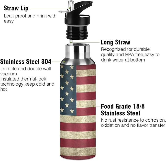 Blueangle 32oz Vintage American Flag Water Bottle, BPA Free Stainless Steel Water Bottle Leak-Proof Sports Bottle for Camping Workouts Gym and Outdoor Activity