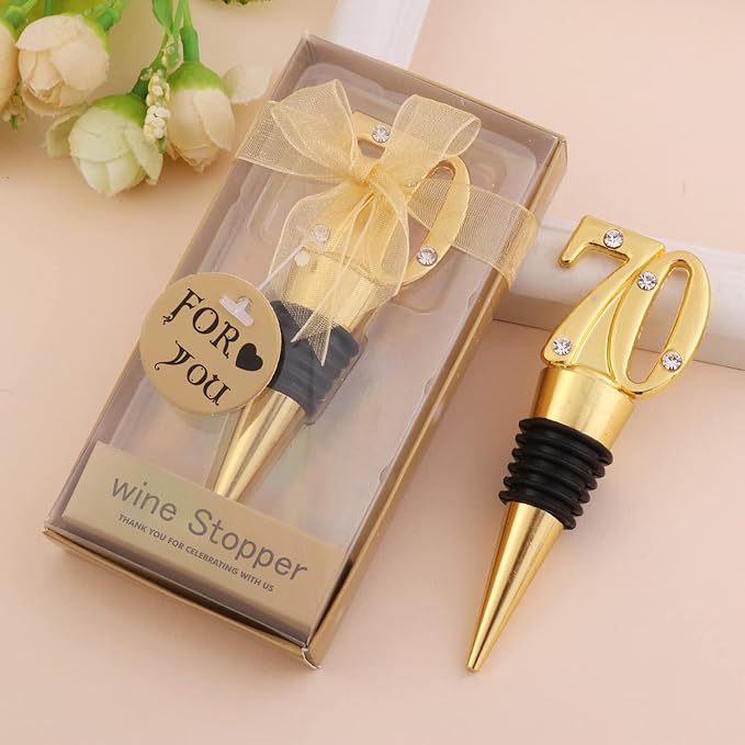 24-Pack 70 Wine Bottle Stopper for 70th Wedding Birthday Party Decoration 60 Years Old Wine Stopper Fun Gift for Wine Lovers (Gold 70th)