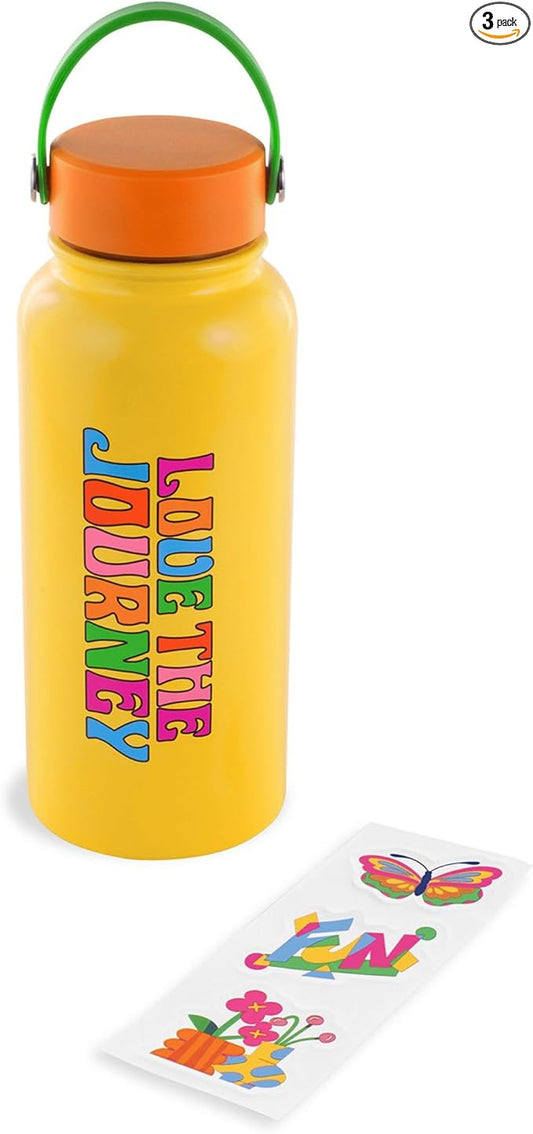 ban.do Large Water Bottle with Waterproof Sticker Pack, Stainless Steel Double Wall Tumbler, 33 Oz Insulated Metal Water Bottle (Love the Journey)