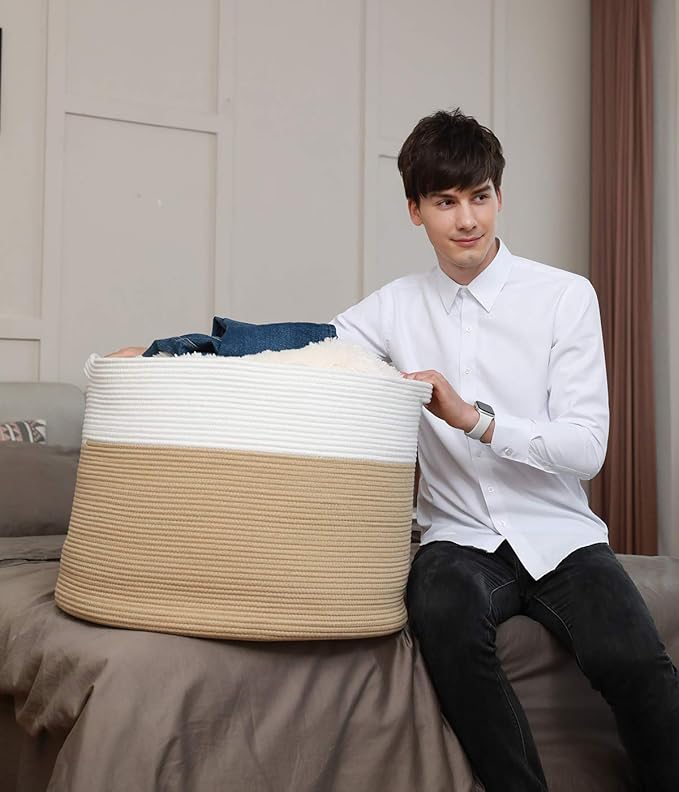 24" x 24" x 17" Max Size Large Cotton Rope Basket, Extra Large Storage Basket, Woven Laundry Hamper, Cloth Storage Bin, for Blankets Clothes Towels Pillows in Living Room, Beige