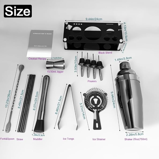 14-Piece Cocktail Shaker Set Bartender Kit with Black Stand, Bar Tool Set for Drink Mixing Bartending Kit Bar Sets Accessories: 750ml(25oz) Shaker, Jigger, Muddler, Cocktail Recipes (Black)