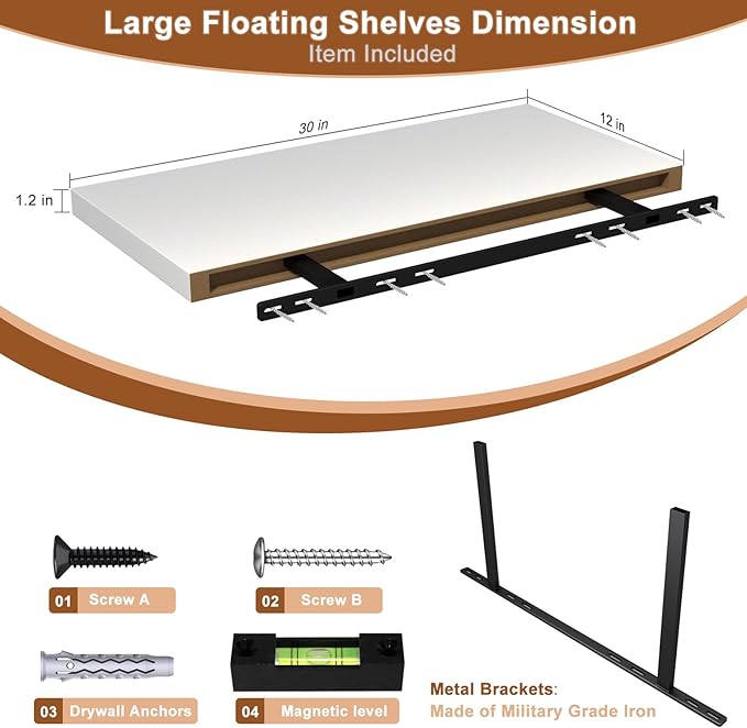 12 Inch Deep Floating Shelves for Wall 2 Pack White Floating Shelves Large Storage Space Wall Mount Shelf for Living Room Kitchen Bathroom 30" W x 12" D x 1.2" White