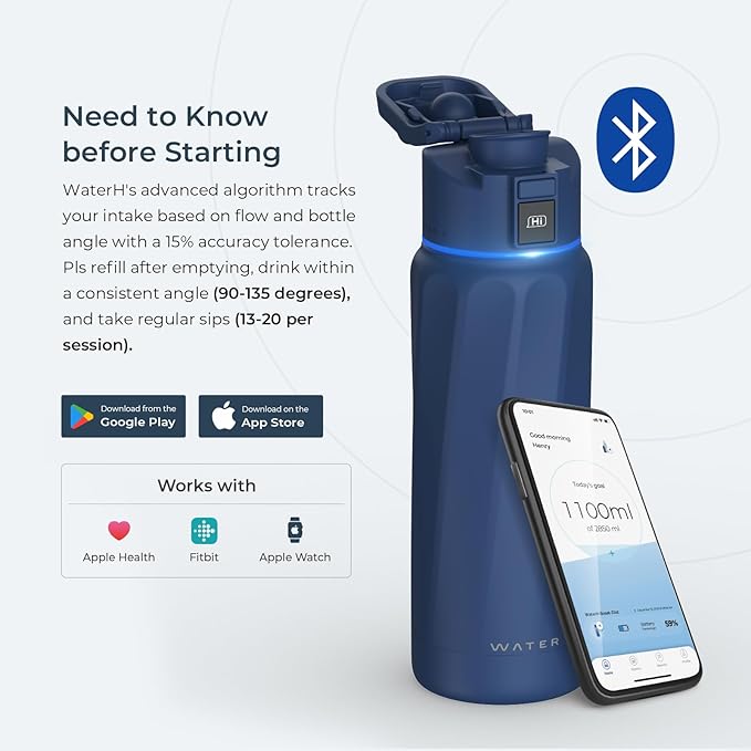 BOOST Smart Water Bottle with Reminder to Drink Water & Water Tracker Bottle - Double Wall Vacuum Insulated Water Bottle Stainless Steel, Wide Mouth 32 oz Water Bottles, Ideal for Gift - Blue