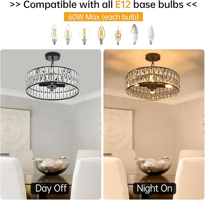 16” 4-Light Modern Crystal Chandeliers Black Dinning Room Light Fixture, Round Pendant Light Kitchen Island Chandelier, Flush Mount Ceiling Light for Living Room Entryway Bedroom Foyer