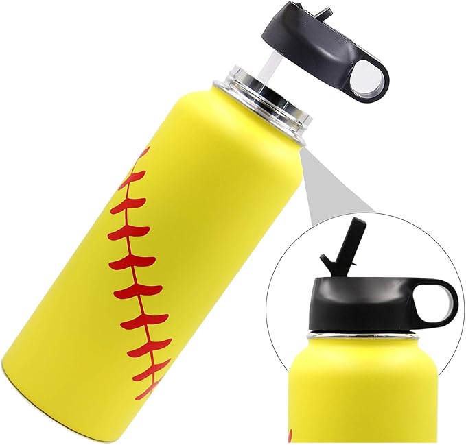 40 oz Softball Water Bottle, Sports Flask Metal Travel Tumbler with 2 Lids 18/8 Stainless Steel Double Wall Vacuum Insulated Hot/Cold (40oz, Yellow Softball)