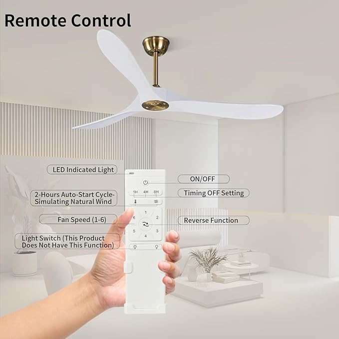 Bigzone 60" Indoor/Outdoor Ceiling Fan Without Light, Quiet Energy Saving DC Motor,3 White Balsa Wood Blades,Modern Ceiling Fan With Remote Control, Reversible Blades