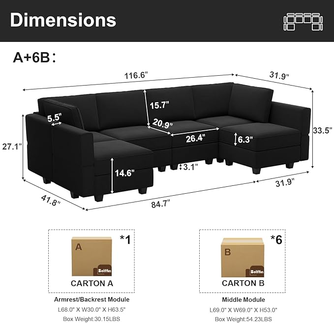 Belffin Modular Reversible Sectional Sofa U Shaped Couch with Storage Seat with Chaise Velvet Black