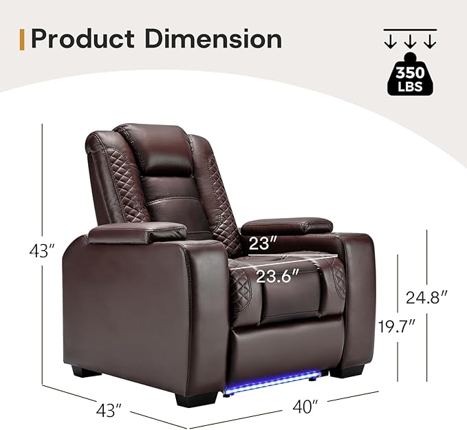 ANJ Power Home Theater Seating Set of 3, Brown Faux Leather Electric Recliner Chair with Powered Headrest, Dual Motors Movie Reclining Chairs with LED Lights,USB Port,Cup Holders, Hidden Arm Storage