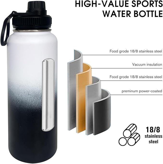 4pack 40 oz Insulated Water Bottle With Straw, Stainless Steel Sports Water Cup Flask with 2 Lids, Wide Mouth Travel Thermal Mug,Black white
