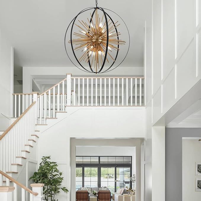 31.5" Black Gold 16-Light Globe Sputnik Chandelier Modern Industrial Adjustable Hanging Ceiling Firework Pendant Light Fixture for Entryway Foyer Stairway Bedroom Dining Living Room Hallway