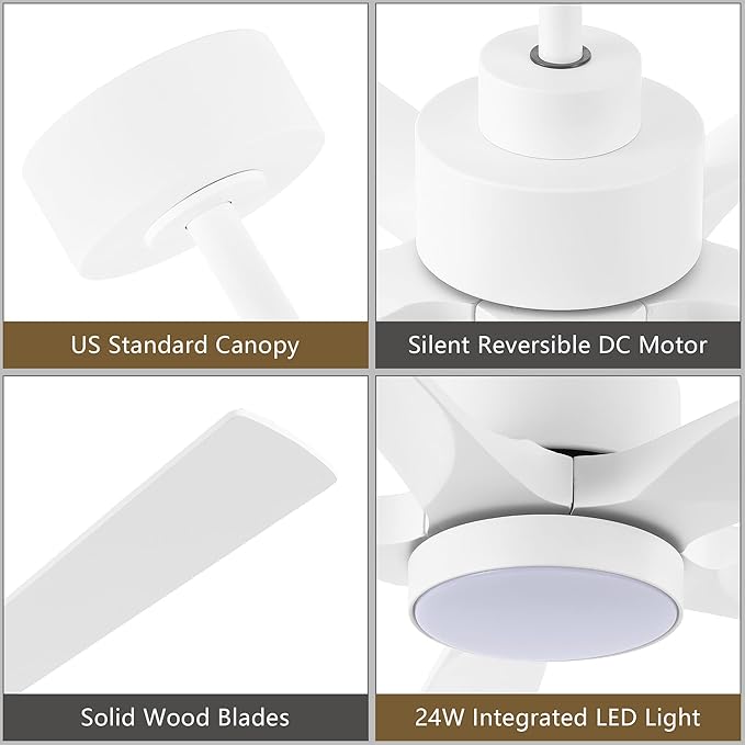 60" Modern Ceiling Fan with Lights and Remote Control, 5 Solid Wood Blades 6-Speed Noiseless Reversible DC Motor, Ceiling Fan for Bedroom Dinning Living Room, White