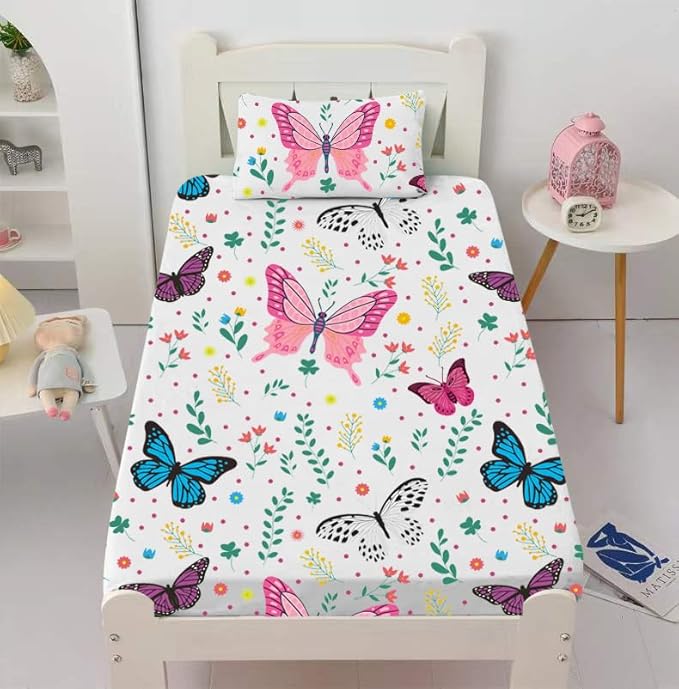 Butterfly Fitted Sheet Set for Kids Girls Teens Colorful Flowers Leaves Bed Sheet Queen Size 3D Print Dreaming Style Sheet Set 3 Piece