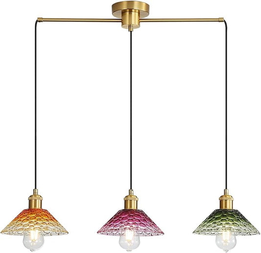 3-Light Pendant Lights Kitchen Island, Ceiling Hanging Lighting Fixtures, Colorful Vintage Glass Shade Pendants, Modern Gold Dining Room Chandeliers Height Adjustable for Farmhouse Living Room