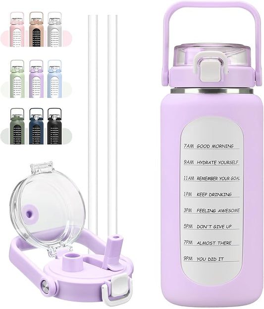 BLUEGO 64oz Insulated Water Bottle with Straw and Handle Leakproof Half Gallon Wide Mouth Motivational Water Bottle, 2-IN-1 Straw Spout Lid Stainless Steel Water Jug for Sport Travel Gym-Purple