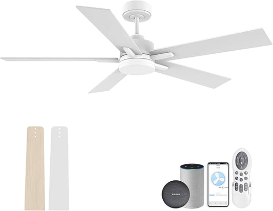 52” Smart Ceiling Fan with Lights Remote,Voice Control via Alexa Google WIFI App,Ultra Quiet DC Motor,Outdoor Indoor Modern Ceiling Fans,6-Speed for Bedroom Patio Porch,White and Wood Color