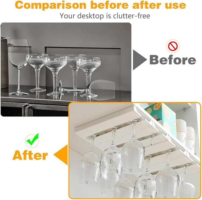 4 Pcs Wine Glass Holder Under Shelf or Cabinet Punch-free,Stemware Rack Glassware Drying Storage Hanger for Kitchen,Bar and Restaurant (White) ﻿