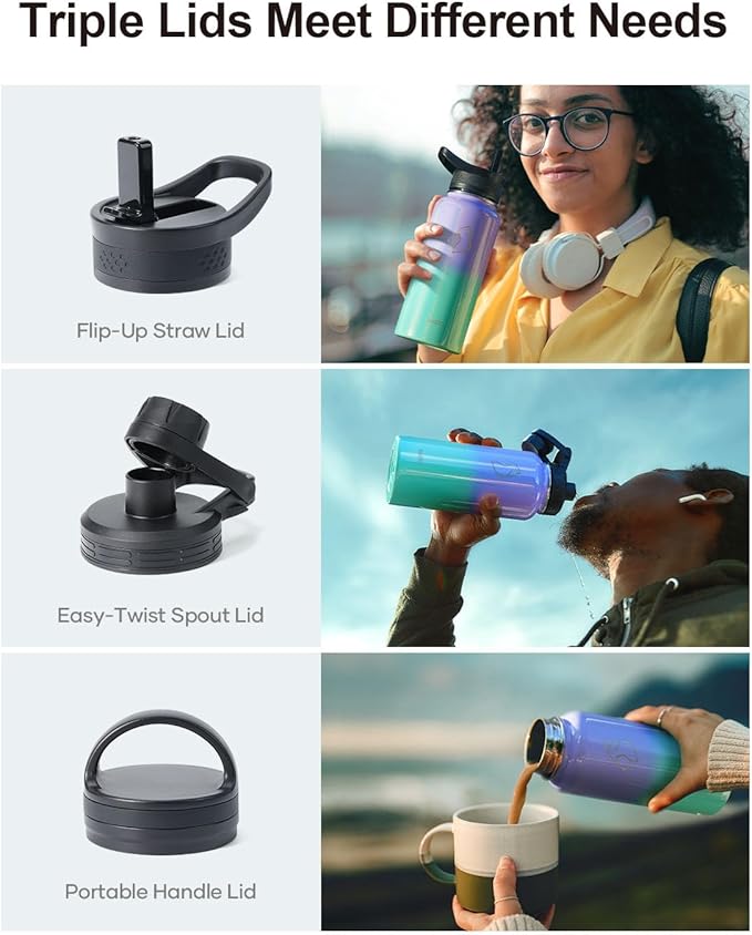 BUZIO Water Bottle with Straw lid, Spout Lid, Hand Lid and Carrying Pouch, 32oz 40oz 64oz Stainless Steel Water Flask Jug, Cold for 48 Hrs Hot for 24 Hrs Double Vacuum Thermo Canteen Mug, BPA-Free