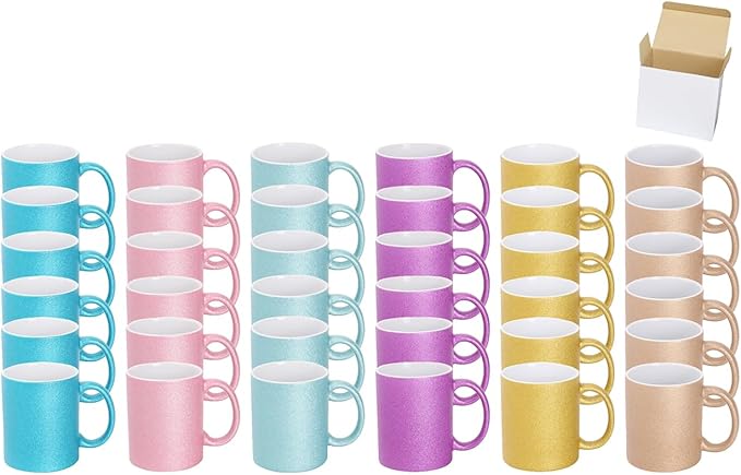 11oz White Ceramic Sublimation Coffee Mug in White Gift Box, 6 Sparkling Mixed Colors, Case of 36