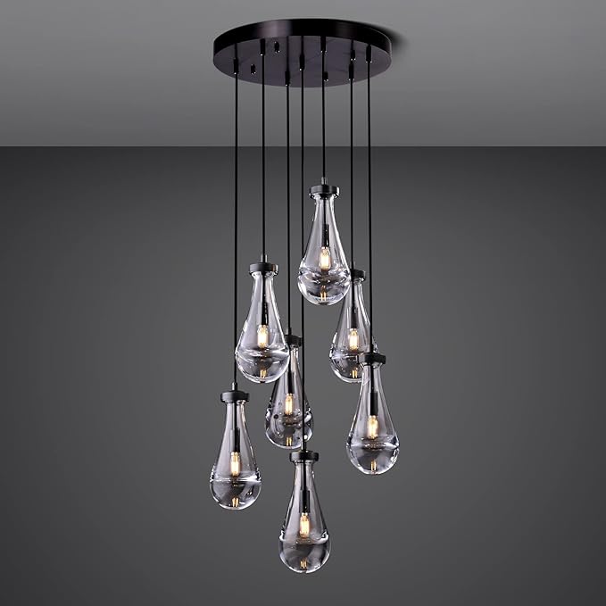 7 Light Raindrop Chandeliers, Bronze Teardrop Cluster Pendant Lights Kitchen Island, Black Dining Room Chandelier Over Table Hanging Pendant Lighting for High Ceiling, Entryway Staircase