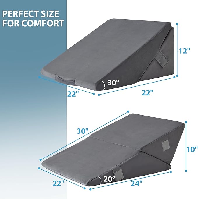 Bed Wedge Pillow for Sleeping, 9 & 12 Inch Adjustable Wedge Pillow for Back Pain Relief, 7-in-1 Memory Foam Triangle Pillow Wedge for Post Surgery, Acid Reflux, GERD, Snoring, Grey