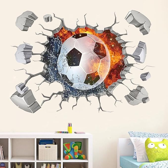 3D Soccer Wall Stickers Removable Soccer Wall Decals for Boys Break Through The Wall Vinyl Football Soccer Wall Stickers Murals Vinyls Decals for Teenager Room Playroom Decor (T0188)