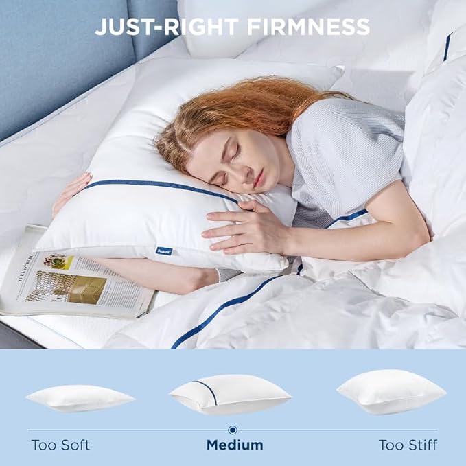 Bedsure Hotel Pillows - Luxury Bed Pillows for Sleeping with Decoration Strip Breathable Cover Soft & Supportive Pillows for Side, Back or Stomach Sleepers (2, Blue, Standard)