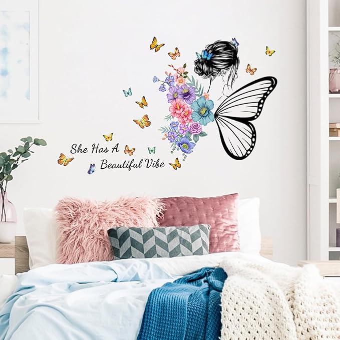 Butterfly Girl Wall Decals, Colorful Butterflies with Motivational Lettering Quotes Wall Stickers for Girls Baby Nursery Bedroom Playroom Vinyl Murals