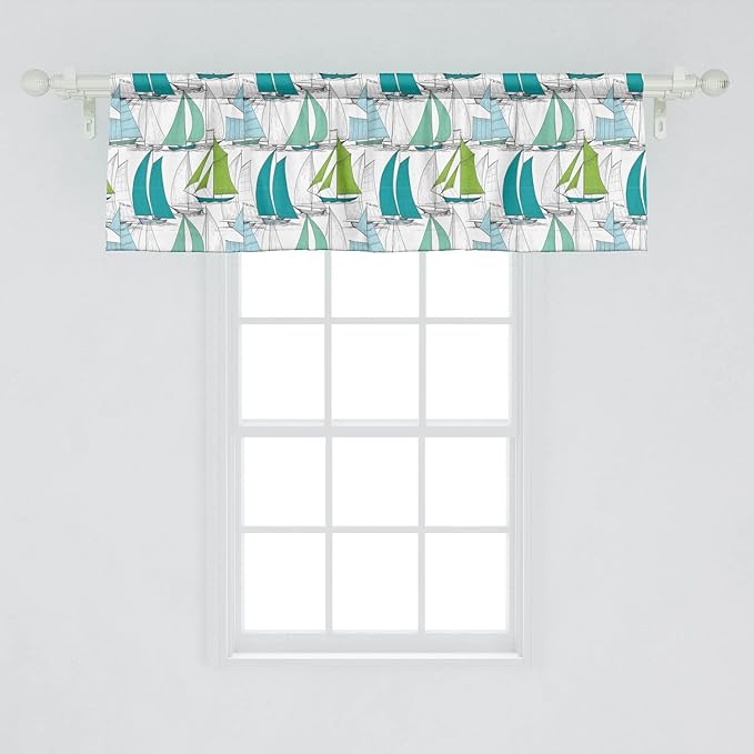 Ambesonne Nautical Window Valance Pack of 2, Sailing Boats on The Ocean Surfing Coastal Theme Marine Life Colorful Maritime, Rod Pocket Curtain Valances for Kitchen Bedroom, 54" X 18", Teal Green