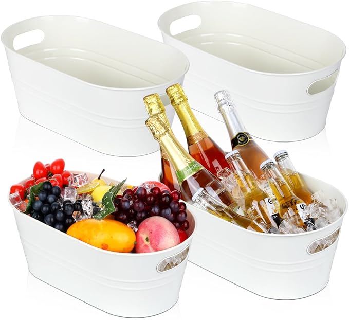 4 Pcs Galvanized Tub 3 Gallon Ice Buckets for Parties Beverage Metal Champagne Drink Wine Large Bucket for Cocktail Mimosa Bar Supplies (White)