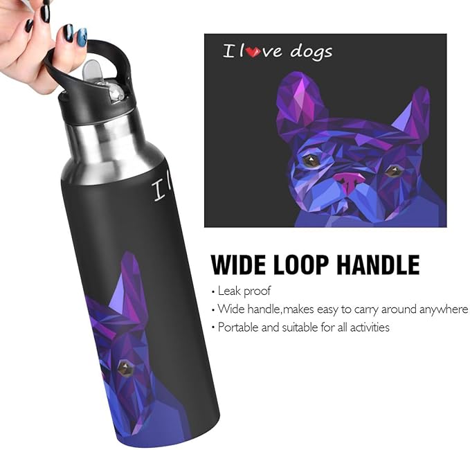 ALAZA Dog Cute Pet Animal Bulldog Water Bottle With Straw Lids Boys Girls,Vacuum Insulated Leakproof Stainless-Steel Sports Bottle Thermal Flask For Gym Yoga Camping,20Oz (600Ml)