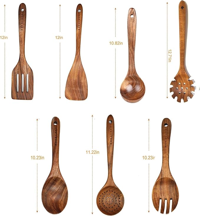 7-Piece Wooden Cooking Utensil Set - Teak Spatula and Spoons for Kitchen