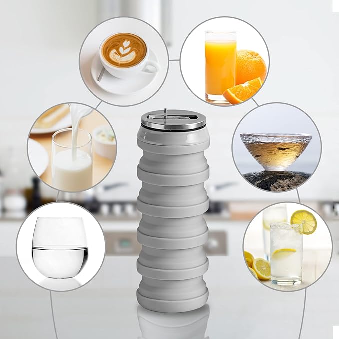 BeHeSo Collapsible Water Bottles with Silicone Brush - Straw Silicone Foldable Water Bottle Reusable Camping Cup Leak Proof Portable Travel Sport Water Bottle-500ml/17oz (Grey)