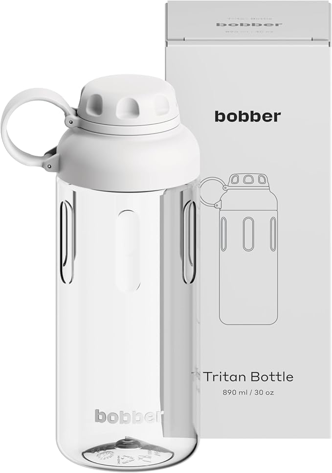 BOBBER 30 oz Clear Tritan Sport Water Bottle with Spout Lid and Handle — Dishwasher Safe, BPA Free & Leak Proof Bottle for Gym, Workout, Running — Water Diffuser Bottle for Fruit With Strainer (Grey)