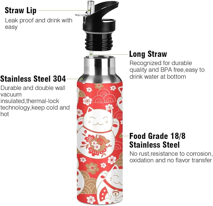 ALAZA Lucky Cat Maneki Neko Red Water Bottle With Straw Lids Boys Girls,Vacuum Insulated Leakproof Stainless-Steel Sports Bottle Thermal Flask For Gym Yoga Camping,34Oz (1000Ml)