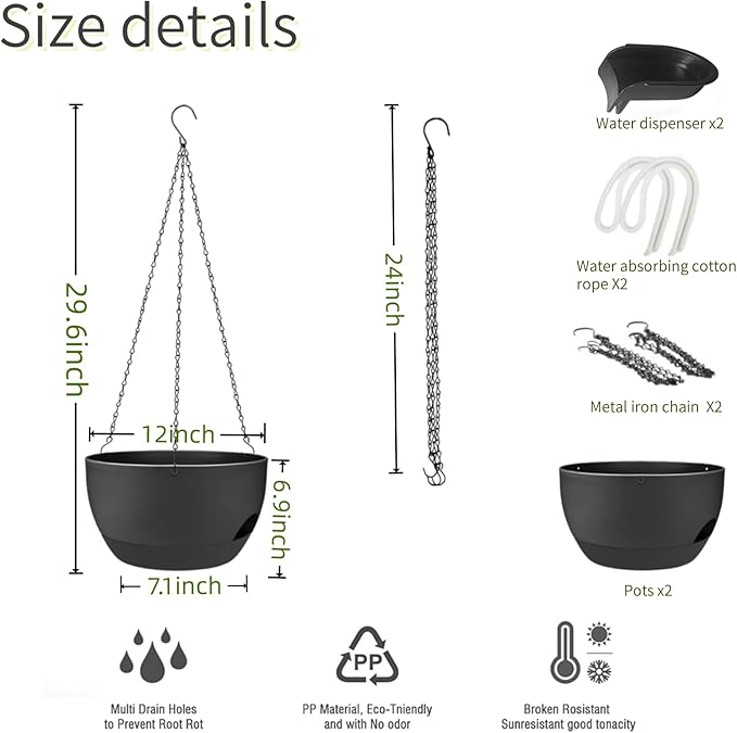 2 Pack Hanging Planters for Indoor Outdoor Plants, 12 Inch Self Watering Hanging Pot with Drainage Holes and Saucer, Plastic Plant Pots, Black Flower Pots for Kitchen, Balcony, Garden