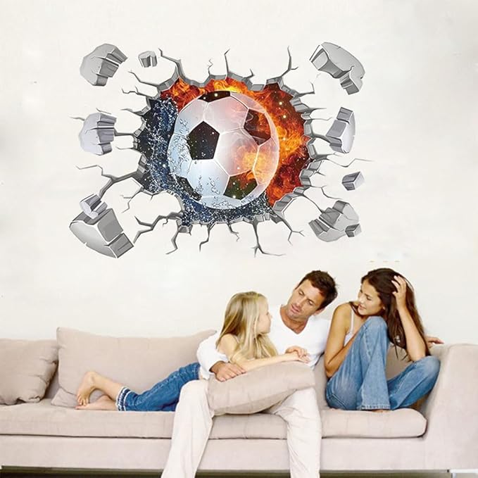 3D Soccer Wall Stickers Removable Soccer Wall Decals for Boys Break Through The Wall Vinyl Football Soccer Wall Stickers Murals Vinyls Decals for Teenager Room Playroom Decor (T0188)