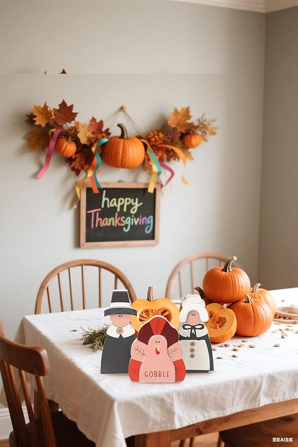 Amorita Fall Thanksgiving Decorations Wooden Turkey Pilgrim Couple Table Sign 3 Pcs Fall Thanksgiving Decor Standing Tabletop Sign Decor for Autumn Harvest - W
