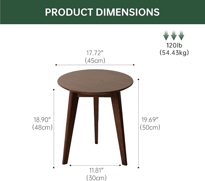 100% Solid Oak Round Side Table, Small Bedside Table for Small Spaces, Living Room End Table with Stable Frame, Modern Nightstand for Bedroom Couch, (Walnut, 17.71" D x 19.68" H)