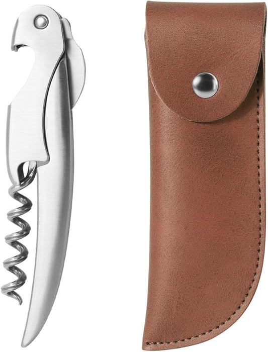 Bottle Opener, Wine gift for Wine Lover, Waiter’s Corkscrew Wine Opener with Genuine Leather Case, Foil Cutter, Beer Bottle Opener, Eco-Friendly Manual Wine Key (Stainless Steel)