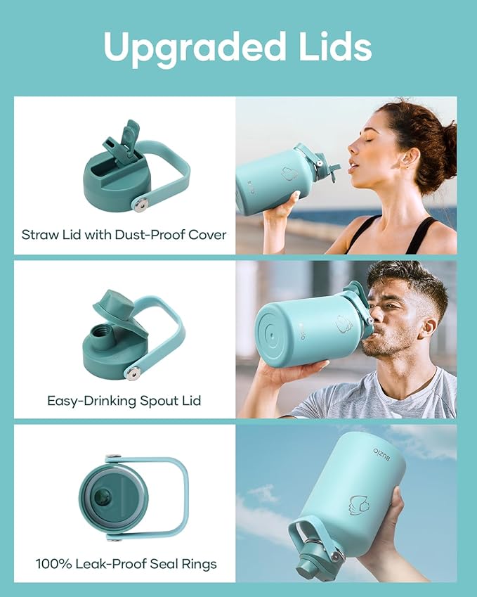 64 oz Insulated Water Bottle BUZIO Half Gallon Stainless Steel Water Jug with Carrying Pouch and Straw Lid, Keep Cold 48h Lead-Free Double Wall Vacuum Sports Flask Metal Canteen for Gym Camping, Green
